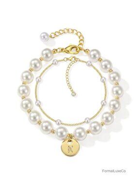 2 Pcs Pearl & Gold Initial Bracelet Set, Dainty Charm Cuff Stack Bracelets for